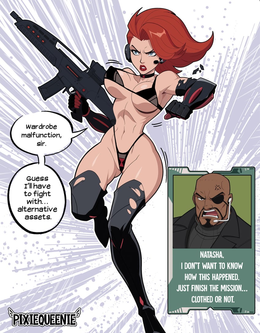 black_widow_(marvel) black_widow_(marvel_rivals) breasts female marvel_rivals pixiqueenie running underwear wardrobe_malfunction