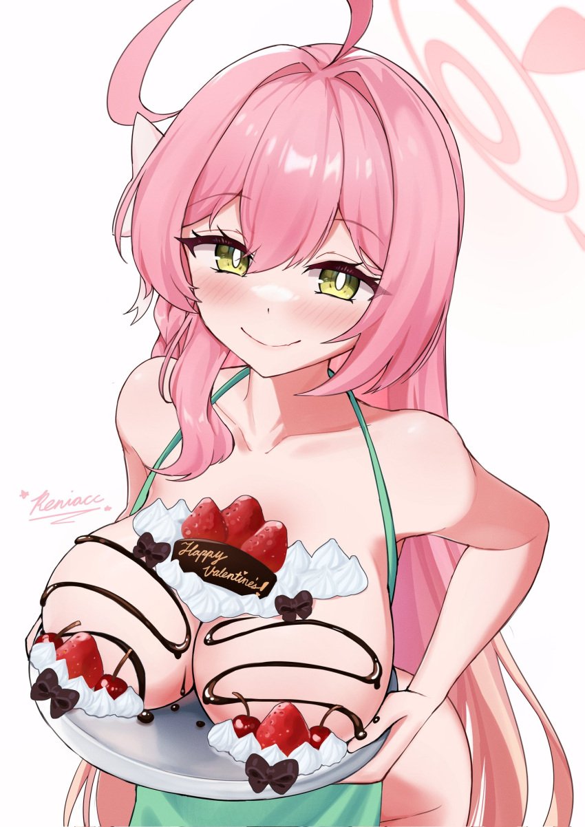 blue_archive cake chocolate cream half-closed_eyes hanako_(blue_archive) huge_breasts in_love looking_at_viewer make-up_work_club_(blue_archive) serving_breasts serving_tray signature smile trinity_general_school_student valentines_day