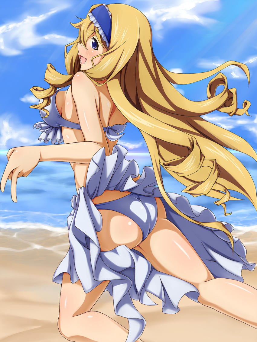 1girls ass beach beach_clothes blonde_hair blue_eyes bra breasts cecilia_alcott female_only highres infinite_stratos long_hair looking_at_viewer looking_back looking_back_at_viewer panties peace_sign sideboob skirt skirt_lift thick_ass thick_thighs thighs very_long_hair