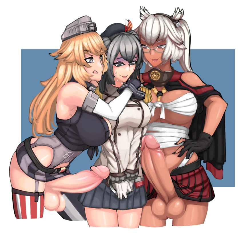 1girls 2futas :3 dark-skinned_futanari futa_with_female futanari huge_cock imminent_sex intersex iowa_(kantai_collection) kantai_collection kashima_(kantai_collection) musashi_(kantai_collection) nicecream sarashi