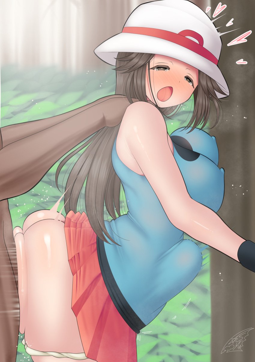 1boy 1girls against_tree ass brown_hair female from_behind hat leaf_(pokemon) nipple_bulge pokemon pokemon_rgby pussy_juice ryukishi sex skirt stomach_bulge