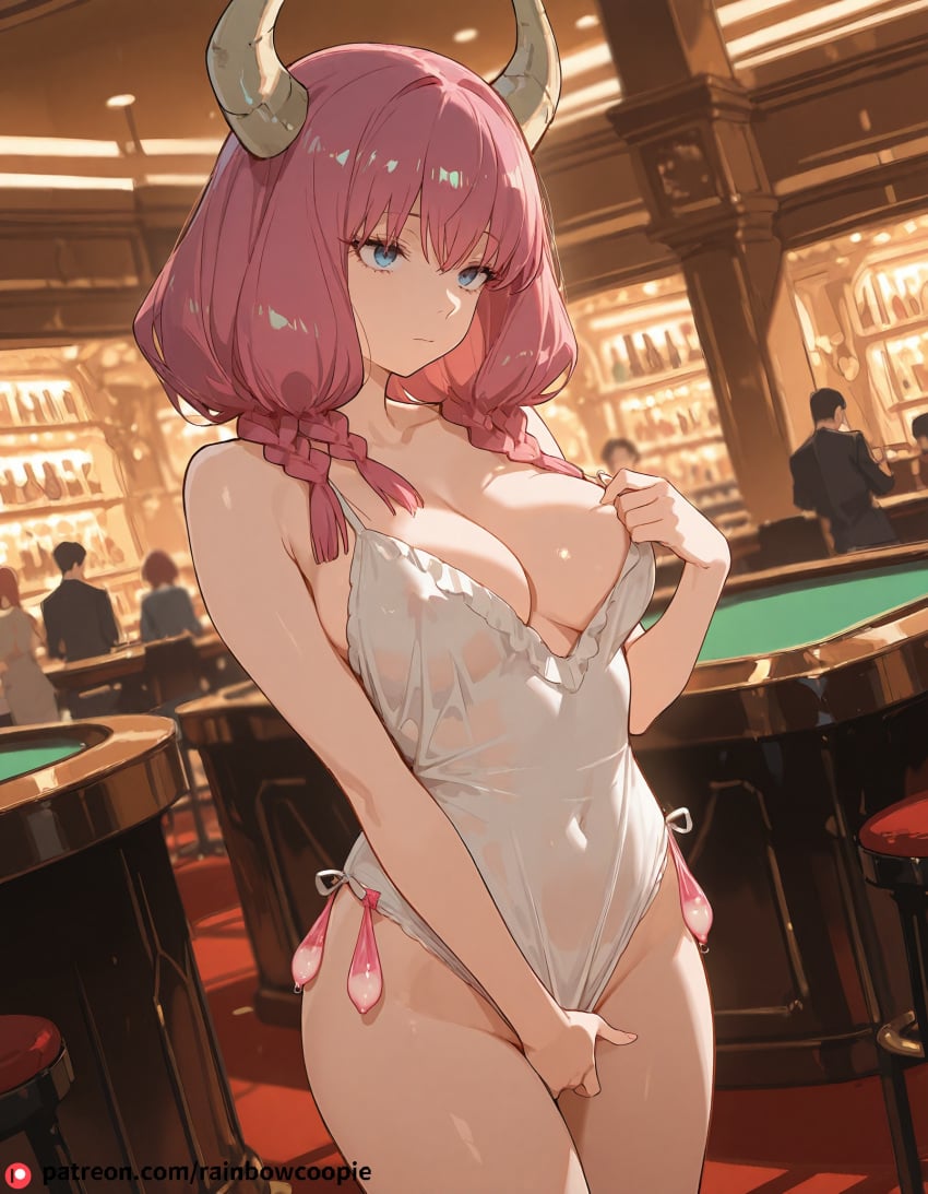 ai_generated aura_(sousou_no_frieren) blue_eyes breasts casino cleavage condom_belt covered_nipples horns masturbation multiple_braids pink_hair sousou_no_frieren