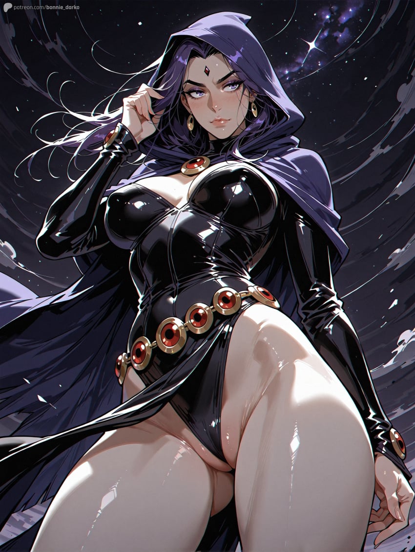 2d adjusting_hair ai_assisted ai_generated art belt bodysuit bonnie_darko bored cameltoe cape dc dc_comics female from_below hood night pale_skin purple_eyes purple_hair pussy_eating_panties pussy_lips raven_(dc) self_upload serious thick_thighs thighs