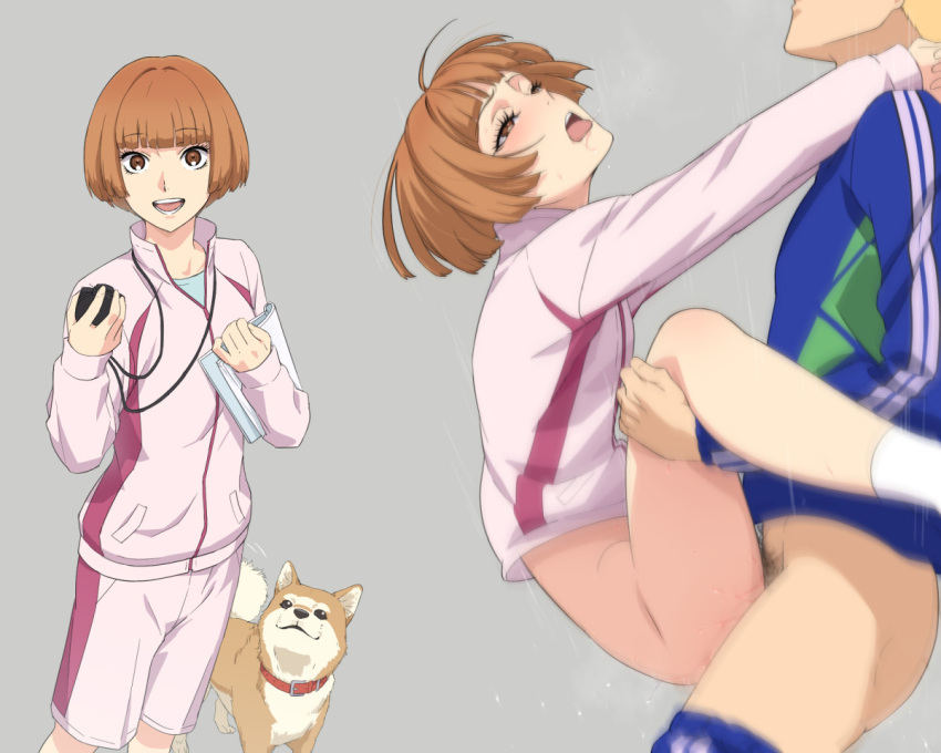 1boy 1girls animal bangs blunt_bangs blush bob_cut bottomless brown_eyes brown_hair canine clothed_sex collar commentary_request dog_collar eyebrows_visible_through_hair female fucked_silly grey_background gym_uniform hanako_katsuka hands_clasped holding holding_notepad holding_stopwatch hug interlocked_fingers jacket jewelry kaze_ga_tsuyoku_fuiteiru legs_grab long_sleeves looking_at_viewer lower_teeth male male_penetrating_female male_pubic_hair mushiro_(nijie728995) necklace notepad open_mouth own_hands_together rolling_eyes run_with_the_wind saliva sex shiba_inu short_hair shorts simple_background smile solo_focus spread_legs standing stopwatch straight sweat tongue tongue_out track_jacket upper_teeth upright_straddle vaginal_penetration watch zipper