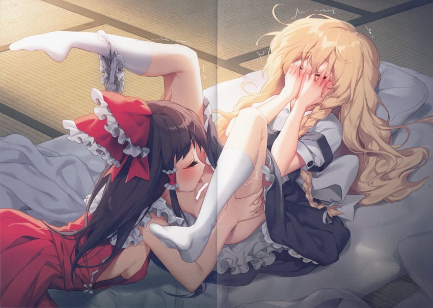 2girls ^_^ absurdres bar_censor bare_arms bare_shoulders black_hair black_skirt black_vest blonde_hair bloomers bloomers_(victorian) bloomers_around_one_leg blush bow braid breasts censored closed_eyes covering_face cunnilingus female female_only frilled_bow frilled_shirt_collar frills futon hair_ribbon hairbow hajin highres huge_filesize indoors kneehighs legs_up licking long_hair lying marisa_kirisame medium_breasts multiple_girls no_hat no_headwear nose_blush on_stomach oral petticoat pillow pussy red_bow red_shirt red_skirt reimu_hakurei ribbon scan shadow shirt single_braid skirt skirt_set sleeveless sleeveless_shirt tatami thighs tongue tongue_out touhou twitching underwear vest white_bloomers white_legwear white_ribbon white_shirt yuri