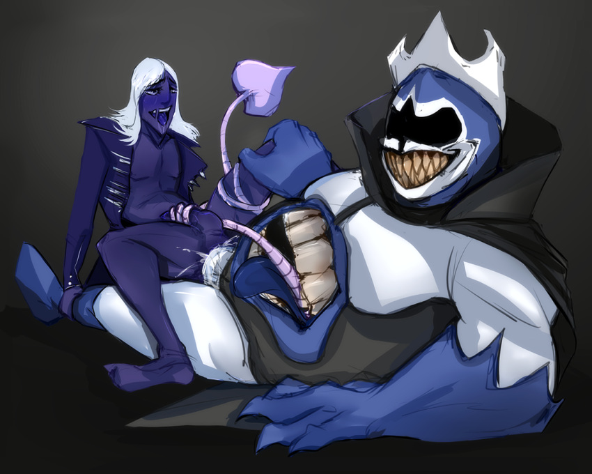 2boys anal_penetration anal_sex blue-skinned_male blue_skin blush cum_in_ass deltarune humanoid interspecies interspecies_yaoi king_spade large_insertion male male_only male_penetrated popiel rouxls_kaard simple_background yaoi