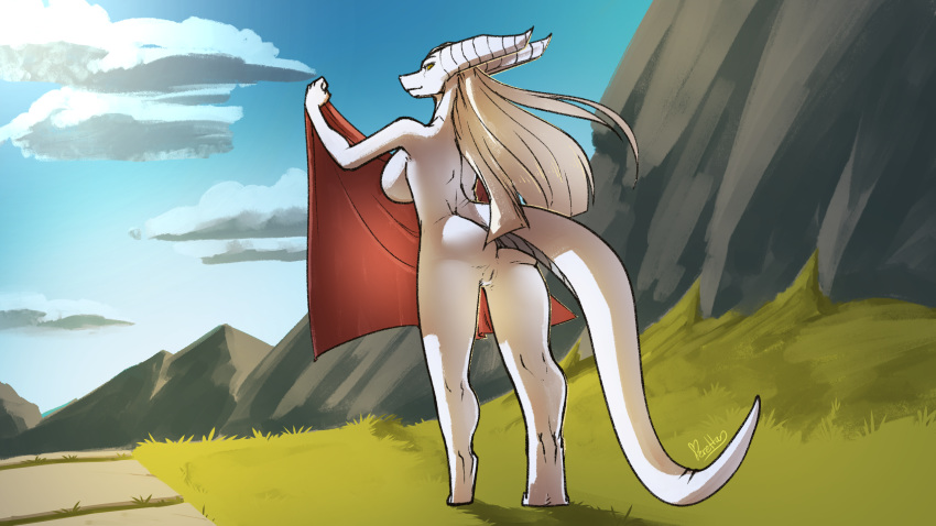 anthro ass bed_sheet bedding big_breasts breasts dragon female feretta hair horn looking_at_viewer looking_back mis'alia nude orange_eyes pussy rear_view side_boob silver_dragon silver_skin solo tale_of_tails white_hair