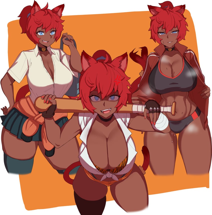 1girls abs absurdres anger_vein angry aroused baseball_bat big_breasts blue_eyes breasts catgirl cleavage dark-skinned_female dark_skin female female_only fingerless_gloves highres large_breasts mita_(bdf) musk pussy_juice red_hair shaking_tail smell solo solo_female standby tomboy