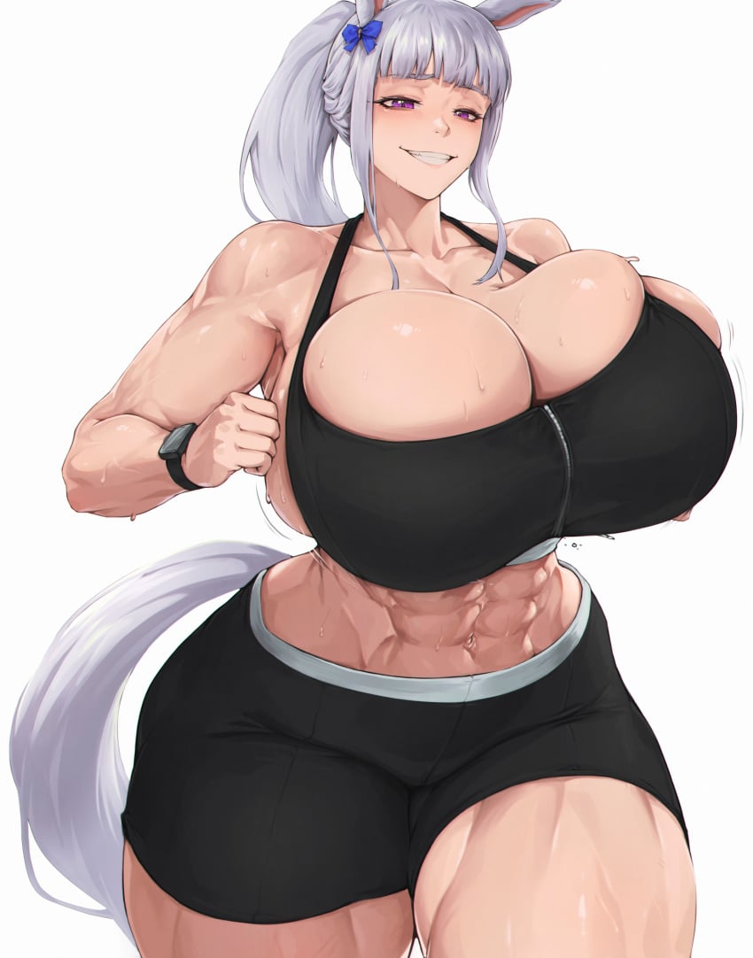1girl abs animal_ears black_shorts breasts cowboy_shot female gold_ship_(umamusume) grey_hair grin highres horse_ears horse_girl horse_tail huge_breasts looking_at_viewer midriff muscular muscular_female ponytail purple_eyes running short_shorts shorts smile solo sports_bra tail thick_thighs thighs umamusume undersized_clothes watch white_background wristwatch zer0.zer0