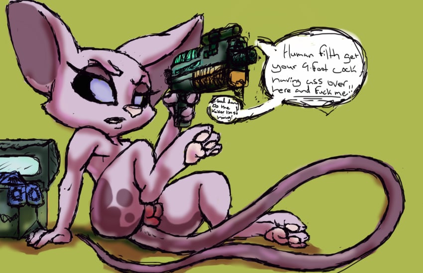 2019 agent_27b alien alien_gun command english_text feline female gun kid_vs._kat mammal mr._kat nude open_mouth pussy ranged_weapon redhand simple_background solo text weapon