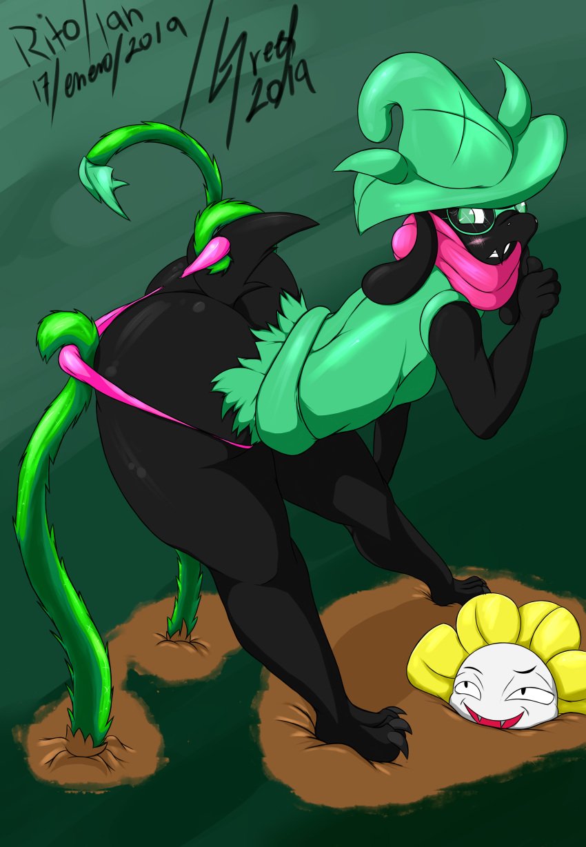 2019 anthro ass big_butt clothed clothing deltarune eyewear femboy flowey_the_flower fur glasses greey hat hi_res nude plant ralsei smile solo tagme thick_thighs undertale undertale_(series) video_games