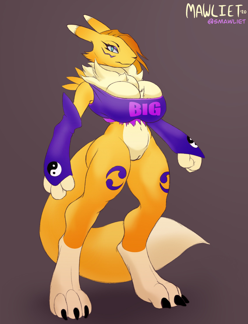 1girls absurd_res anthro big_breasts bra breasts clothing digimon female female_only fur fur_tuft genitals hi_res invalid_tag looking_at_viewer mawliet pussy renamon simple_background slim small_waist solo sports_bra standing tuft underwear yellow_body yellow_fur