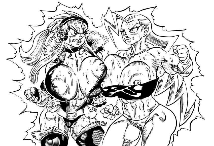 2girls abs angry areolae bengus_stratovarious clenched_teeth eliza_lightning genkai_toppa_wrestling! goudadunn headphones highres huge_breasts long_hair milf monochrome muscular_female nipple_slip nipples sun1sol thick_thighs