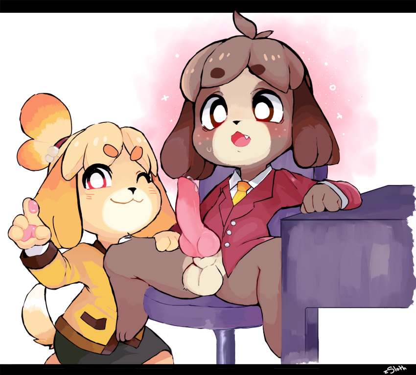 1boy 1girls 2019 :3 animal_crossing animal_crossing_new_leaf animal_ears animal_genitalia animal_penis anthro anthrofied balls black_nose blonde_hair blush bottomless bottomless_male brother_and_sister brown_eyes brown_hair canid canine canine_penis chair cute digby_(animal_crossing) erection eyebrows eyebrows_visible_through_hair eyelashes eyes_visible_through_hair fangs female freckles fur furry highres isabelle_(animal_crossing) knot knotted_penis looking_at_viewer nintendo oerba_yun_fang open_mouth opposite_sex_twins paws penis precum siblings sitting skirt smile sparkle spread_legs tail testicles tie tied_hair uncensored vest video_games white_background wink yellow_fur yellow_hair zsloth