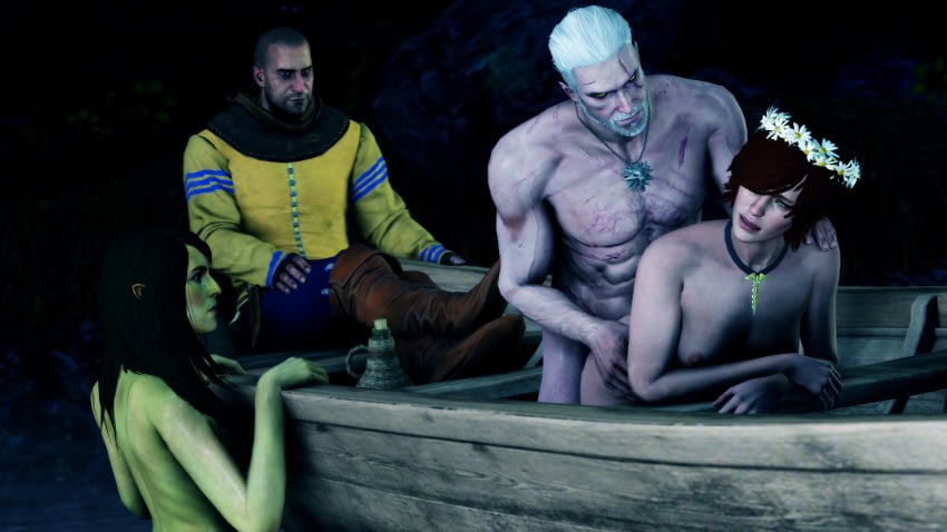 2boys 2girls 3d areolae audience black_hair boat breasts cd_projekt_red clothed clothed_male doggy_style female flower_in_hair gaunter_o'dimm geralt_of_rivia green_skin hand_on_shoulder human human_only lady_of_the_lake_(the_witcher) light-skinned_female light-skinned_male light_skin male nipples nude nude_female nude_male red_hair scar shani spectators straight the_witcher the_witcher_(series) the_witcher_2 the_witcher_3:_wild_hunt watching white_hair xpsfm yellow_eyes