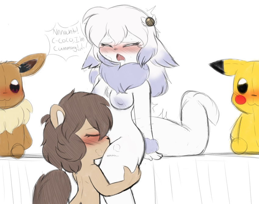 2019 2girls anthro bed blush breasts cunnilingus drooling eevee female female_only fur furry hair harp_seal interspecies mammal marine mink mustelid nintendo oral original_character papilrux pikachu pinniped plushie pokémon_(species) pokemon pokemon_rgby ponytail saliva seal shy simple_background sitting sketch tail vaginal_penetration video_games yuri