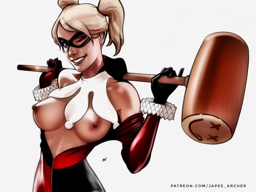 1girls batman_(series) blonde_hair blue_eyes breasts breasts_out dc dc_comics domino_mask female female_only harley_quinn harley_quinn_(classic) japes large_breasts mallet mask nipples pigtails solo wink winking