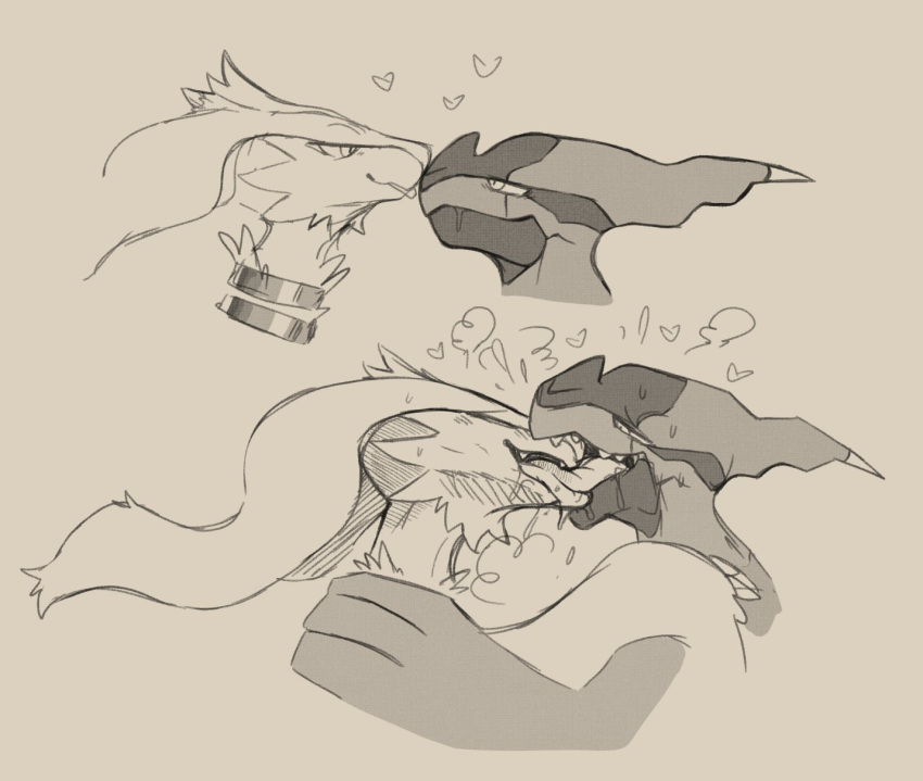 3_fingers ambiguous_gender daftpatriot dragon drooling eye_contact feral furry half-closed_eyes heart heavy_breathing interspecies kiss male male_only monochrome nintendo nude open_mouth pokemon pokemon_bw reshiram saliva scalie sketch source_request suggestive sweat teeth tongue tongue_out zekrom
