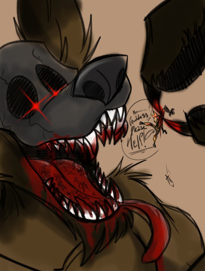 alejandrogsd_(artist) blood fangs furry gore hard_vore macro macro_male male_pred male_prey micro micro_male size_difference skull thanatos_(character) tongue tongue_out vore