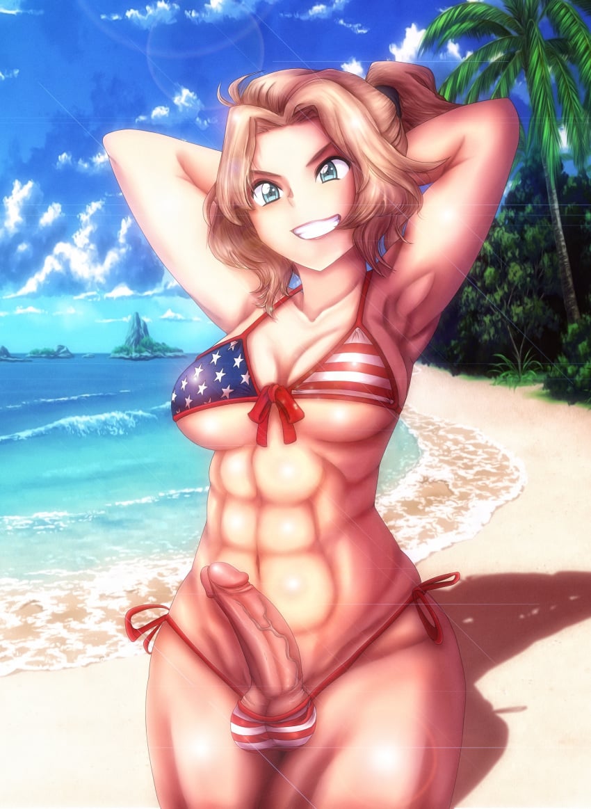 1futa abs american_flag american_flag_bikini armpits bikini breasts cleavage dickgirl flag_print futa_only futanari girls_und_panzer hands_behind_head intersex kay_(girls_und_panzer) large_penis muscles muscular muscular_futanari solo solo_futa starlancer veiny_penis