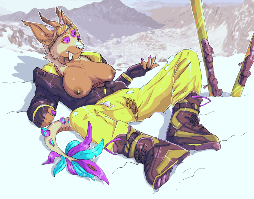 anthro breasts clothed clothing exposed_breasts feline female horn hybrid jeanwoof mammal nipples pussy ski snow solo spread_legs spreading torn_clothing