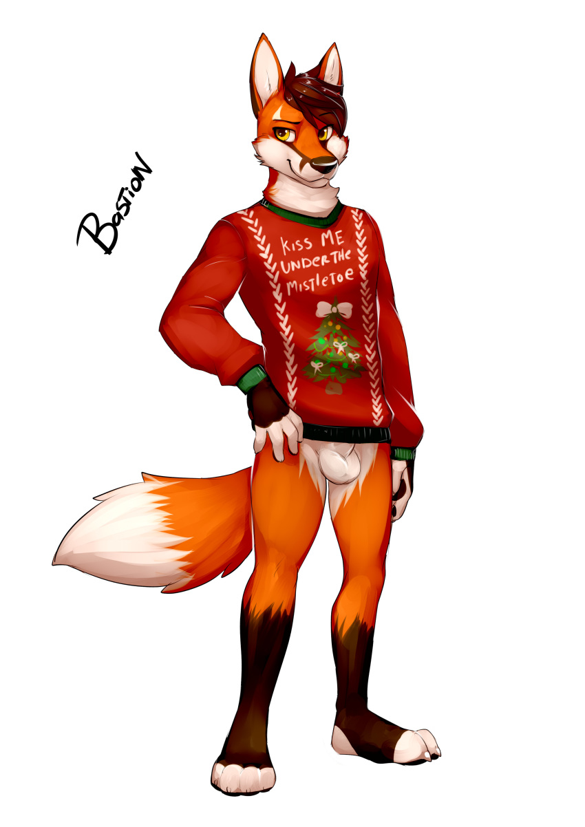 animal_genitalia anthro balls bastion bottomless brown_eyes brown_fur canine christmas_sweater clothed clothing fox fur male male_only mammal orange_fur sheath simple_background solo standing sweater white_fur