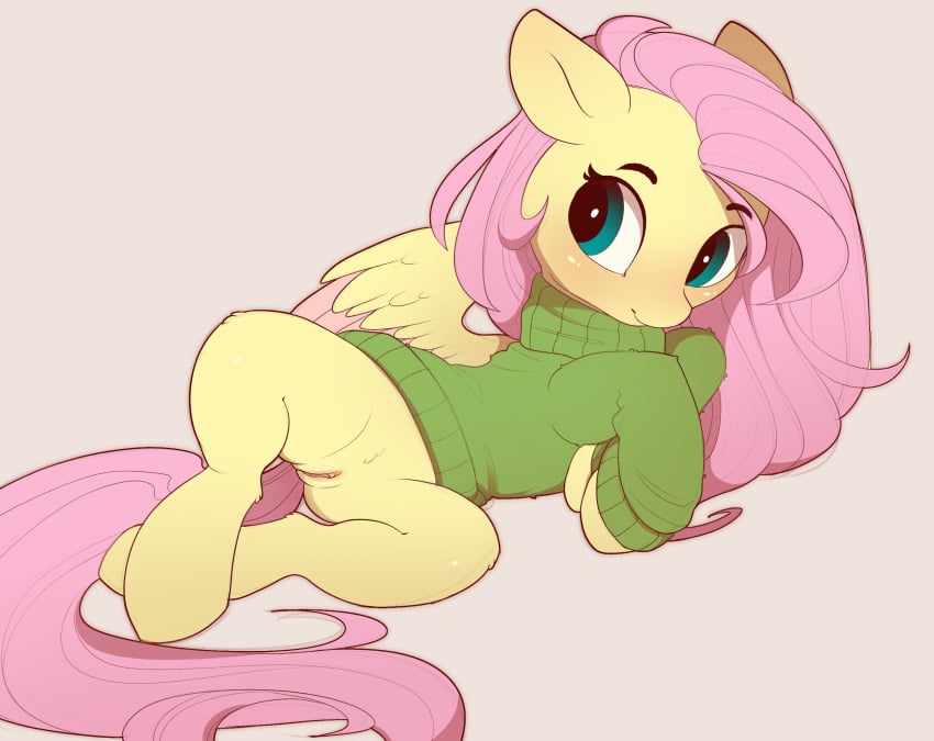 2019 bottomless clothed clothed_feral clothing equine evehly feathered_wings feathers female feral fluttershy_(mlp) friendship_is_magic hair hi_res long_hair mammal my_little_pony pegasus pink_hair presenting pussy simple_background smile solo spread_legs spreading sweater teal_eyes wings