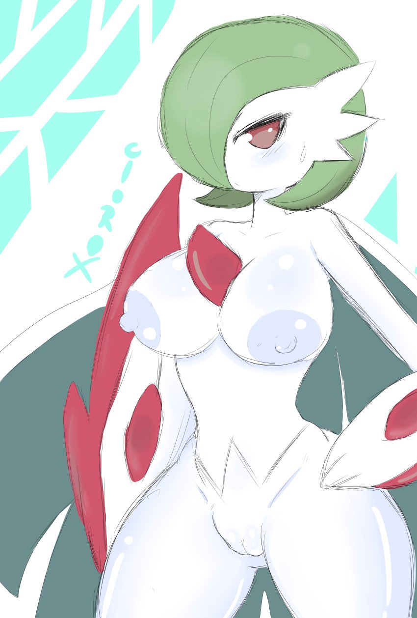 1girls areola big_breasts breasts cloroxformius embarrassed female female_only gallade gardevoir humanoid hybrid mega_gallade nintendo nipples nude pokémon_(species) pokemon pokemon_(species) pokemon_oras pokemon_rse pussy red_eyes simple_background solo thick_thighs video_games wide_hips