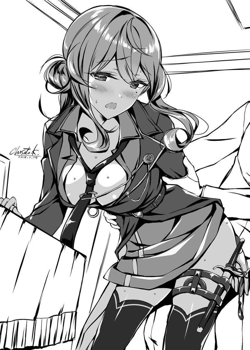 1boy admiral_(kantai_collection) blush breasts dirk eyebrows_visible_through_hair female gotland_(kantai_collection) hair_between_eyes hair_bun highres kantai_collection kobayashi_chisato long_hair long_sleeves looking_at_viewer medium_breasts military military_uniform mole mole_under_eye monochrome neckerchief necktie open_mouth sex standing_sex thighhighs uniform