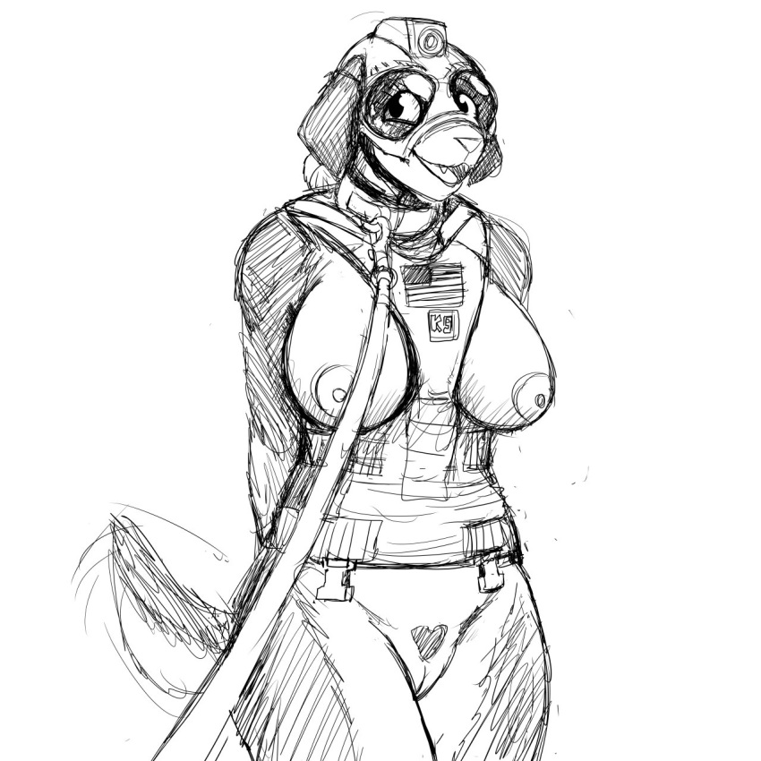 2019 american_flag anthro armor big_breasts bottomless breasts canine clothed clothing collar female hat helmet hladilnik leash mammal military monochrome mostly_nude nipples pubes pussy samantha_thott simple_background smile solo tailwag