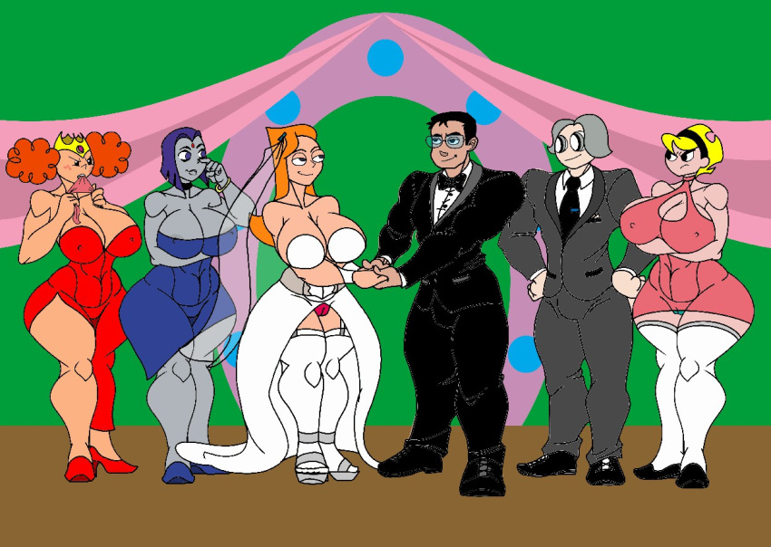 2boys 4girls aged_up alternate_version_available bare_shoulders big_breasts black_eyes black_hair blonde_hair blue_dress blue_eyes blue_hair bow bracer bride busty caglioro3666 candace_flynn cartoon_network choker cleavage crossover crown curvy dc dc_comics demon demon_girl detailed_background disney dress erect_nipple erect_nipples eyelashes female footwear forehead_jewel freckles front_view glasses grab grabbing gray_eyes green_panties group hair_ornament hairband hairclip holding_hand holding_object hourglass_figure human legwear long_hair male mandy mandy_(billy_and_mandy) multiple_boys multiple_females multiple_girls multiple_males muscular nipple_bulge older orange_hair original_character pantyshot pantyshot_(standing) phineas_and_ferb pink_dress pink_panties powerpuff_girls princess_morbucks rachel_roth raven_(dc) red_dress shoes short_hair standing stockings straight teen_titans teenage the_grim_adventures_of_billy_and_mandy tiara twintails voluptuous wedding_dress wedding_veil white_dress white_footwear white_hair white_legwear white_stockings wide_hips yellow_hair