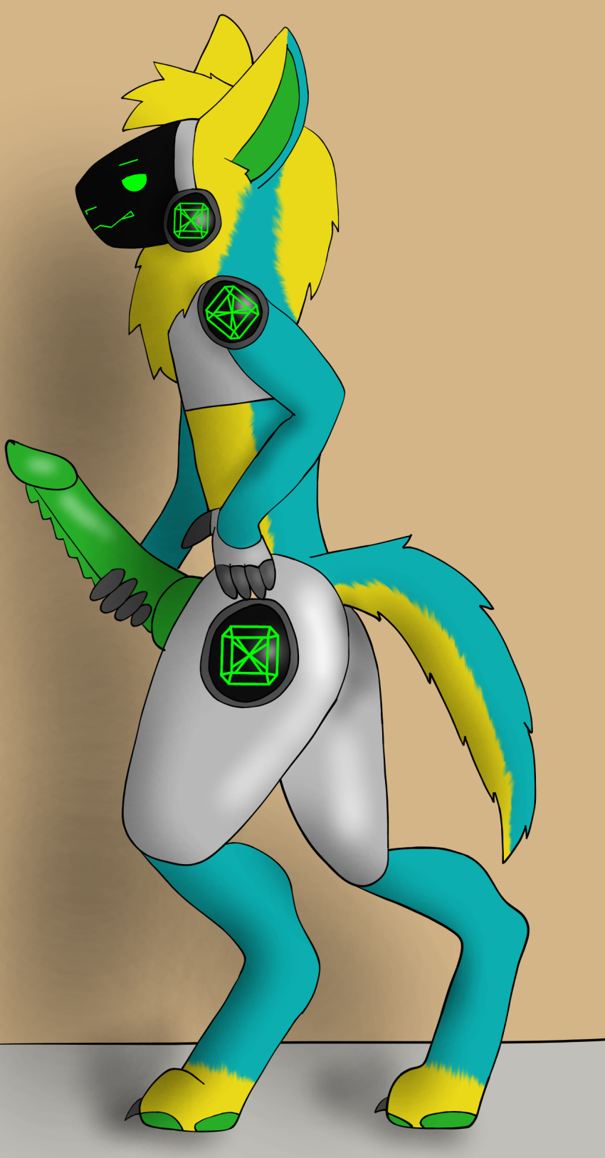 android big_penis blue_fur emerald_(protogen) erection fur green_eyes green_penis green_skin hi_res machine male male_only multicolored_fur neck_tuft no_humans penis pinup pose protogen ridged_penis robot ryan_kyojiri_(artist) simple_background soft_shading solo standing tuft yellow_fur