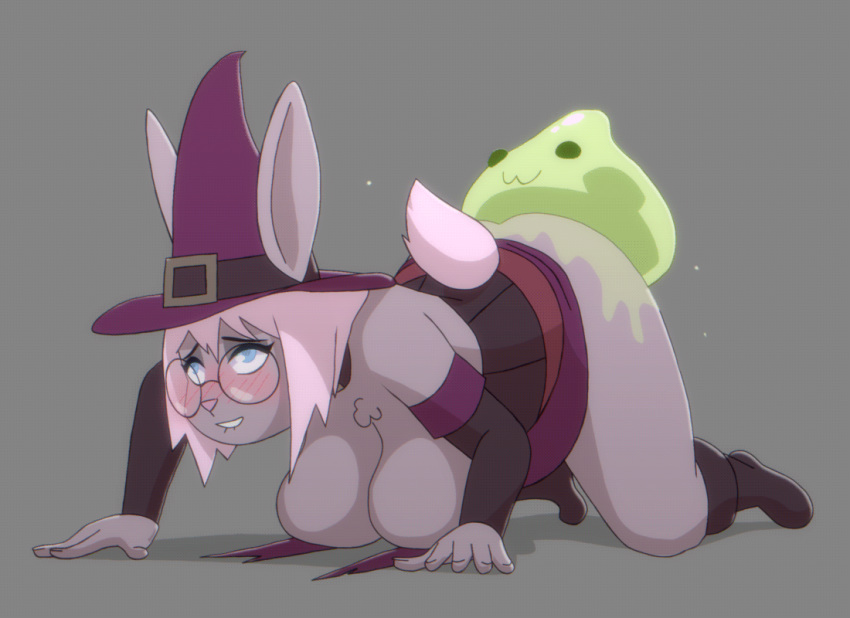 1girls 2019 animated anthro ass blush breasts clothing eyewear female furry glasses goo_creature hanging_breasts hat interspecies iris_cottontail lagomorph large_breasts mammal omegaozone rabbit sex simple_background slightly_chubby slime slime_monster smile thick_thighs wet wide_hips witch_hat