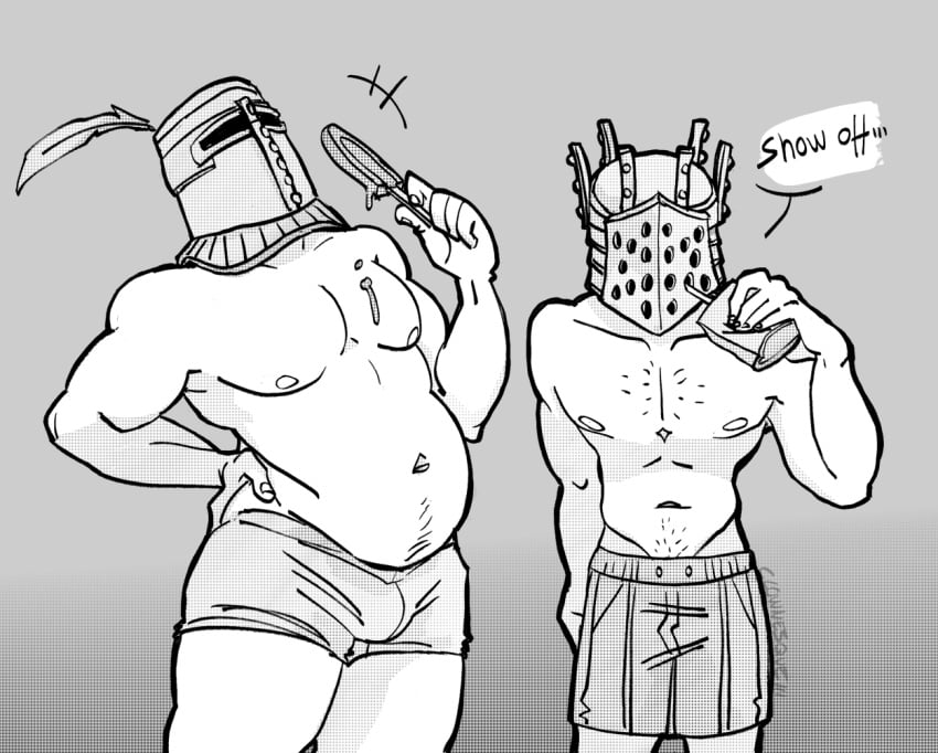 2boys bulge dadbod dark_souls fromsoftware helmet knight knight_lautrec_of_carim male male_only musclegut solaire_of_astora swimming_trunks swimsuit swimwear