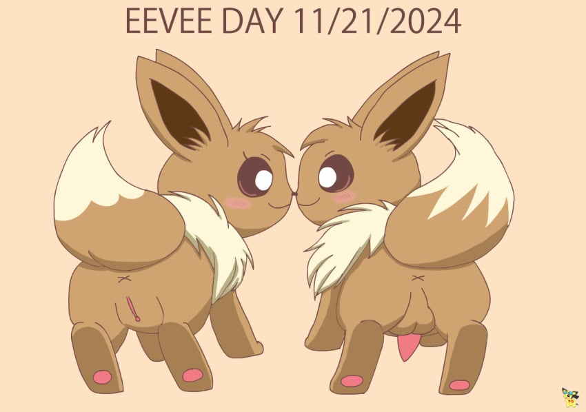 2024 anus artist_logo ass balls blush brown_body brown_eyes brown_fur dated duo eevee eevee_day eyelashes female female_feral feral fur generation_1_pokemon genitals logo male male/female male_feral nintendo nose_to_nose penis pichu90 pokemon pokemon_(species) pussy simple_background tapering_penis x_anus