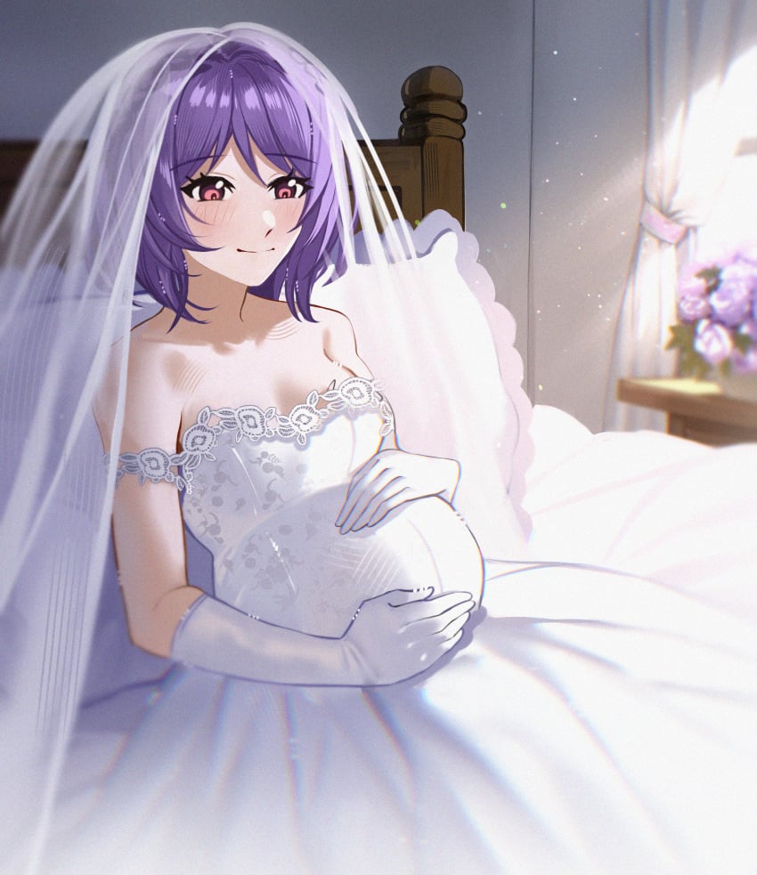 1gir1 bed bedroom bridal_gloves bridal_veil bride dress fault_milestone gloves hands_on_stomach lying lying_on_bed motherly pregnant purple_eyes purple_hair reclining ritona_reighnvhasta solo veil wedding_dress wedding_veil white_dress white_gloves white_veil wholesome