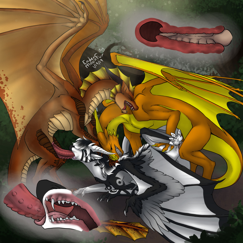 2019 3_toes brown_scales claws digitigrade dragon ender_(endermoonfur) endermoonfur erection fangs fellatio female feral feral_on_feral forest from_behind_position fur group group_sex hi_res internal male male_penetrating membranous_wings oral orange_scales orgy penetration penis pussy ric'axoarrth ryelos scales scalie sex simple_background toes tongue tongue_out tree vaginal_penetration western_dragon white_fur wings