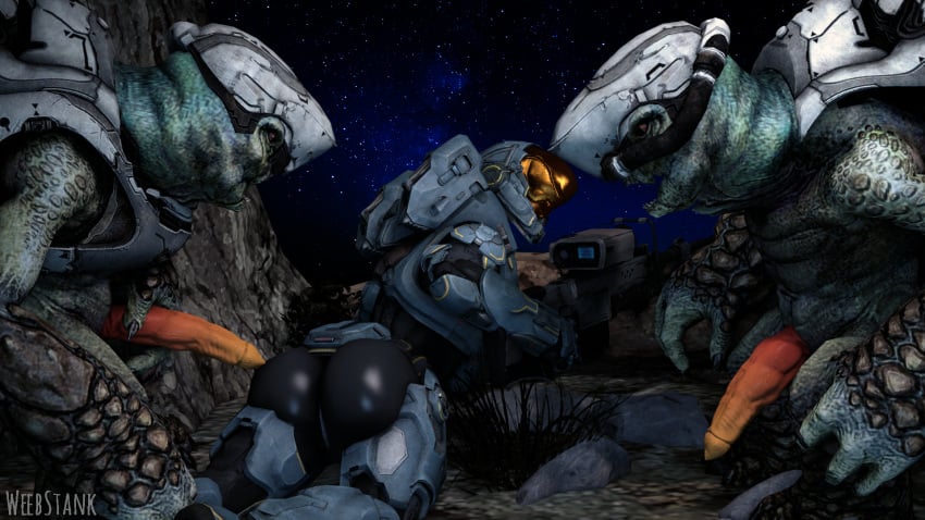 1girls 2boys 3d alien armor artist_name ass butt erection female female_spartan_(halo) halo_(series) looking_back lying_on_stomach male male_unggoy night orange_penis outdoors outside penis sky sniper sniper_rifle spartan_(halo) star uncensored unggoy weapon weebstank xenophilia