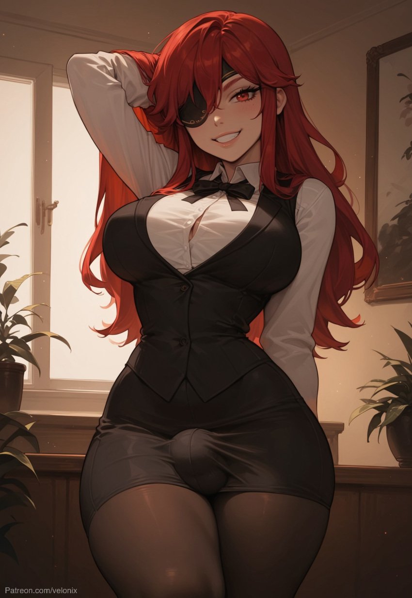 1futa 1futanari ai_generated ass big_breasts big_penis black_ribbon black_skirt black_vest bulge bulge_through_clothing dickgirl eye_patch eyelashes futanari grin grinning grinning_at_viewer hair hands_behind_back hwa_ryun indoors long_hair looking_at_viewer narrow_waist nipples one_eye_closed penis pose red_eyes red_hair ribbon seductive seductive_eyes seductive_look seductive_mouth seductive_pose seductive_smile shirt skirt smile smiling smiling_at_viewer smooth_skin solo solo_futa solo_futanari standing thighhighs thighs tight_clothing tights tower_of_god velonix vest white_shirt