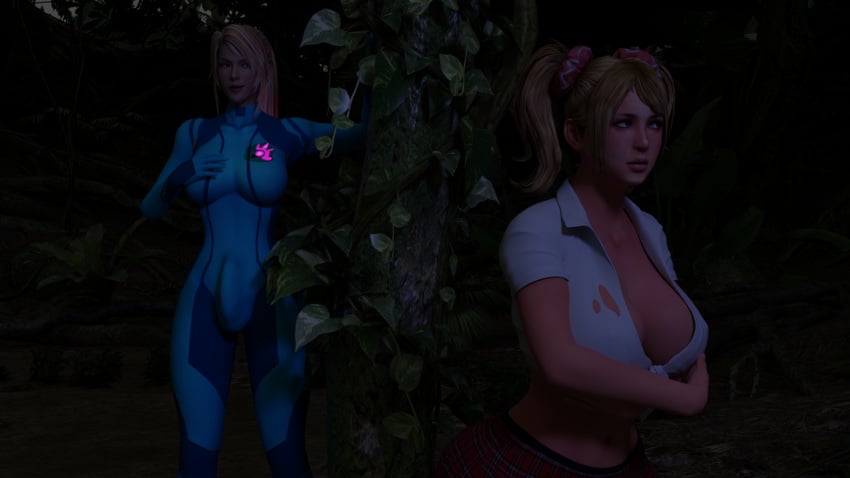 3d 3d_(artwork) about_to_be_raped arms_under_breasts big_breasts bulge female futanari grabbing_own_breast hung_futanari imminent_rape juliet_starling metroid open_shirt pervert runeiteer samus_aran scared stalking unaware unaware_female watching_from_afar