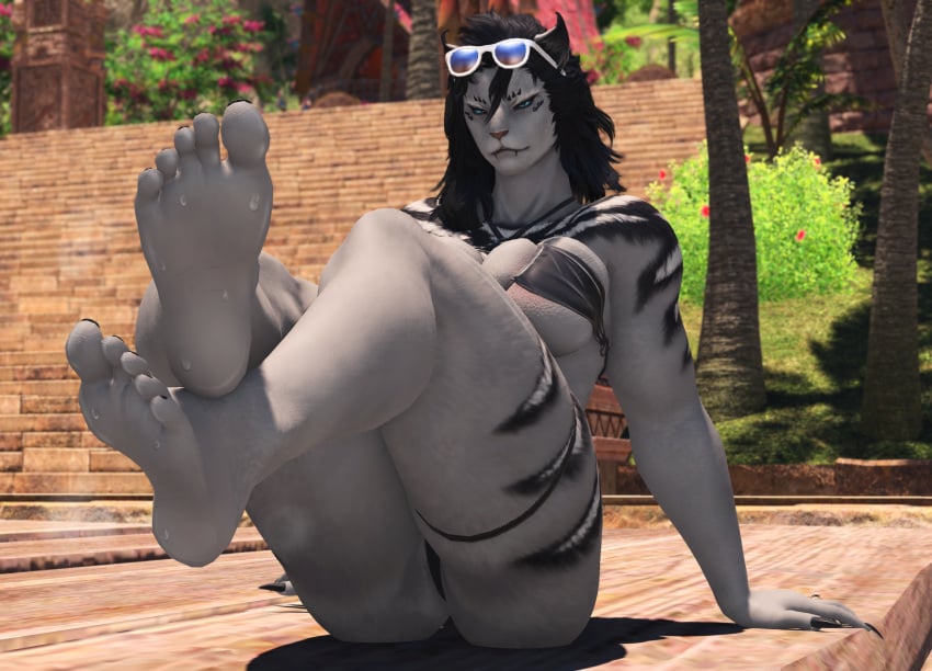 aylen_dawn_(hrothgar) aylen_ffxiv bikini black_fur black_hair black_pubes feet feet_fetish female_furry final_fantasy final_fantasy_xiv foot_fetish furry gpose(ffxiv) hrothgal hrothgar lioness monochrome musk musk_fetish musky musky_feet painted_nails painted_toes sweat_drops sweating sweating_female sweaty sweaty_feet