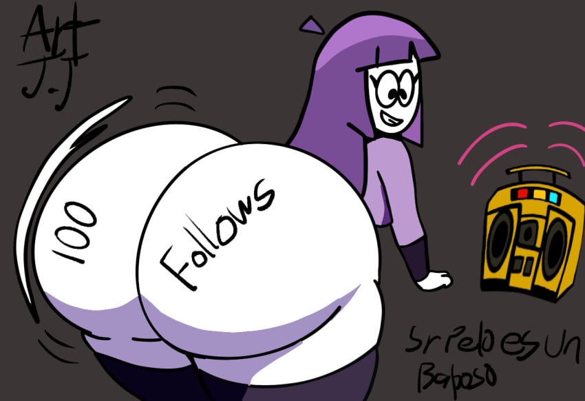 artist_signature ass ass ass_focus butt_jiggle buttocks follower_celebration gold_boombox_(prevence) lila_(spooky_month) simple_background spanish_text spooky_month sr_pelo thick_thighs thighs twerking