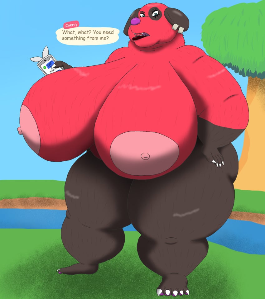 alythewolfcat animal_crossing anthro canid canine canis cherry_(animal_crossing) domestic_dog ear_piercing ear_ring electronics english_text female hi_res holding_object holding_phone mammal morbidly_obese nintendo nipples nude obese overweight overweight_female phone piercing ring_piercing solo text