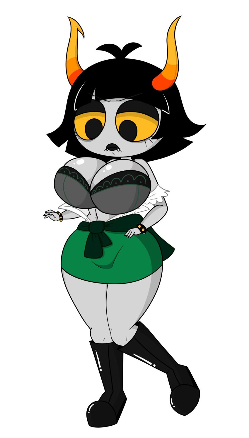 big_breasts black_hair black_lips bra breasts breasts_out clothing cloudcyanide daraya_jonjet female female full_body green_skirt grey_skin high_boots hiveswap horns lips ms_paint_adventures open_shirt painted_lips short_hair skirt solo thick_thighs thighs troll