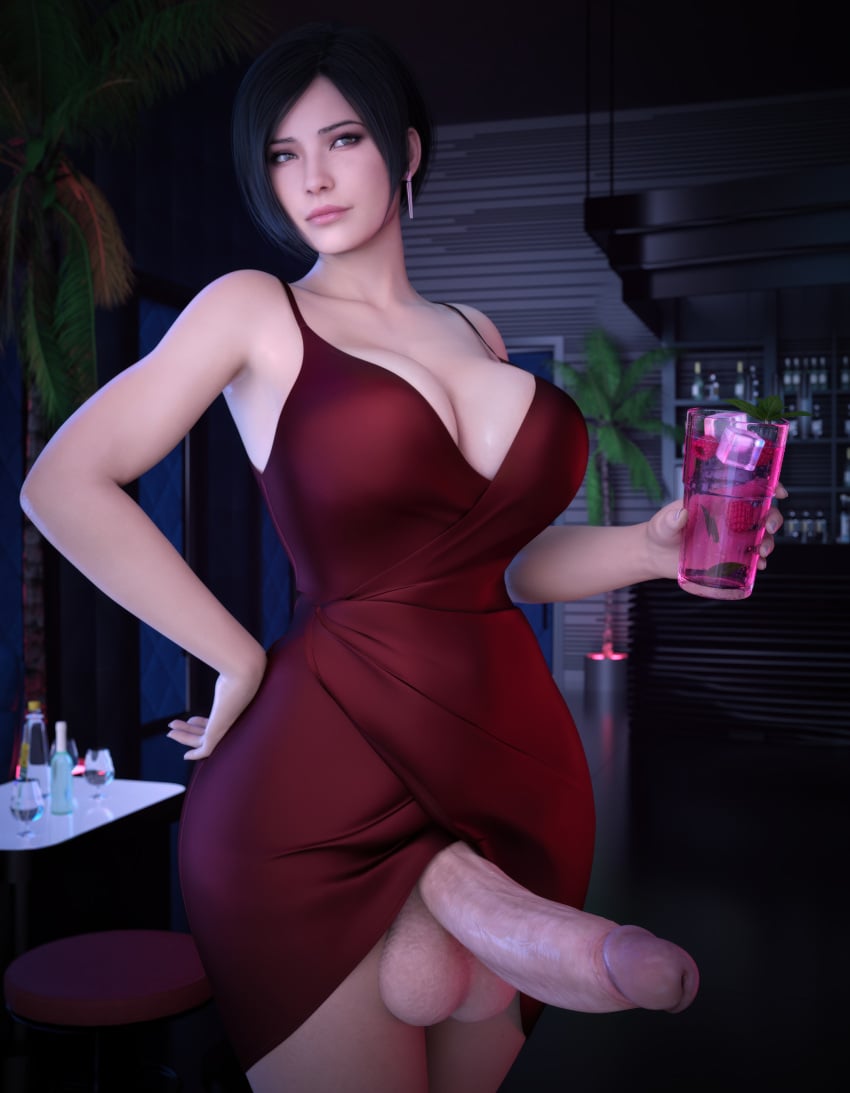 1futa 3d 3d_(artwork) ada_wong big_balls big_breasts big_penis drink erect_penis erection futa_only futanari penis_under_clothes penis_under_dress red_dress resident_evil_2 resident_evil_4 stevencarson