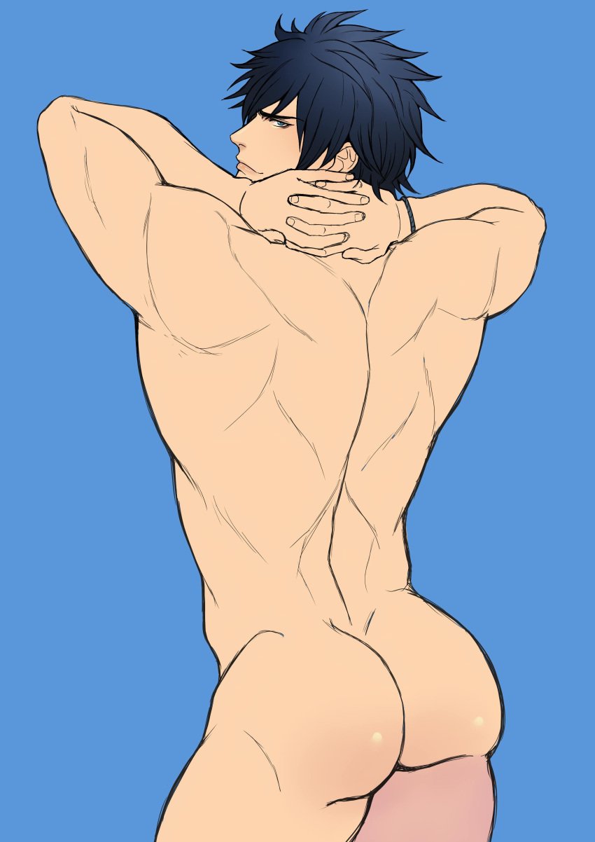 1boy ass ass_focus back_muscles back_view blue_background blue_eyes blue_hair bubble_butt completely_nude dat_ass fairy_tail gray_fullbuster hands_behind_head hi_res jouvru_(joberu) lips looking_at_viewer looking_back male male_only mature_male muscles muscular muscular_ass muscular_back muscular_male short_hair simple_background simple_coloring simple_shading standing wristband yaoi