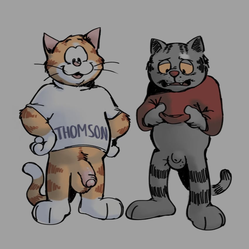 anthro balls bottomless clothed clothing domestic_cat duo felid feline felis fritz_the_cat fritz_the_cat_(character) genitals hi_res humanoid_genitalia humanoid_penis loveypuddy male male_only mammal penis penis_size_difference shirt thomson_(thomson_local) thomson_local topwear