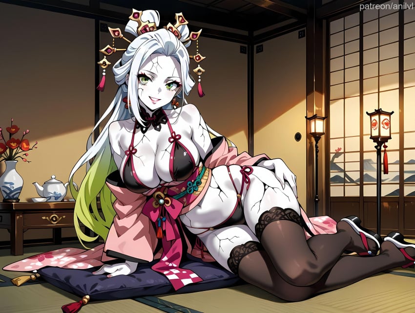 1girls ai_generated anilvl arm_support bare_shoulders bikini black_bikini black_bra black_panties black_thighhighs bra breasts cleavage colored_skin cracked_skin cup cushion daki_(kimetsu_no_yaiba) demon_slayer detached_collar earrings fingernails floral_print flower forehead full_body gradient_hair green_eyes green_hair grin hair_ornament hair_stick hairpin hand_on_own_thigh high_heels indoors japanese_clothes jewelry kimetsu_no_yaiba kimono lamp lantern large_breasts long_hair looking_at_viewer lying makeup multicolored_hair nail_polish navel obi off_shoulder on_side pale_skin panties parted_lips pillow pink_kimono sandals sash scar shouji sliding_doors smile solo stomach swimsuit tabi table tassel tatami teacup teapot thighhighs thighs two-tone_hair underwear vase veins very_long_hair white_hair white_skin wide_sleeves zouri