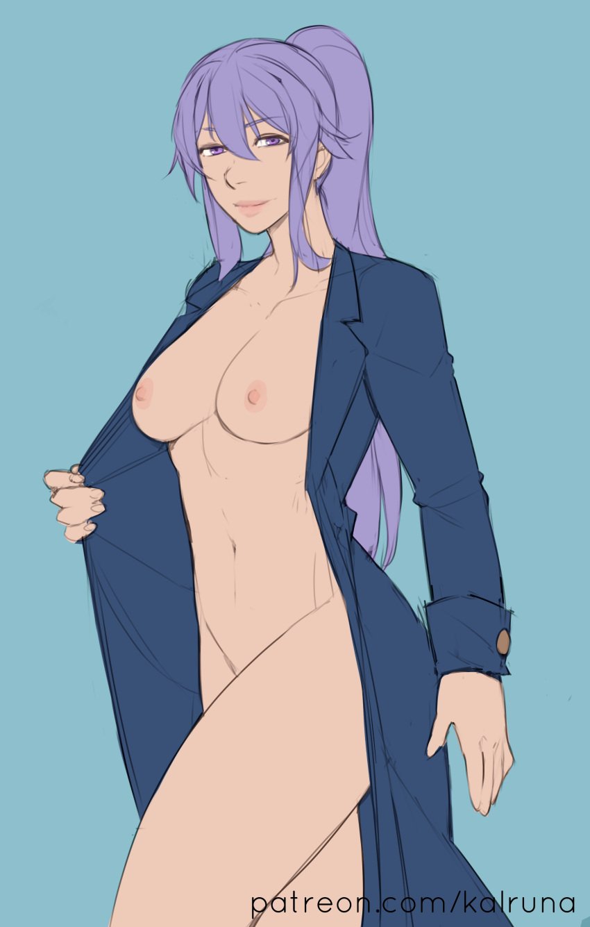 kalruna medium_breasts naked_coat nude nude_female open_coat original ponytail purple_hair