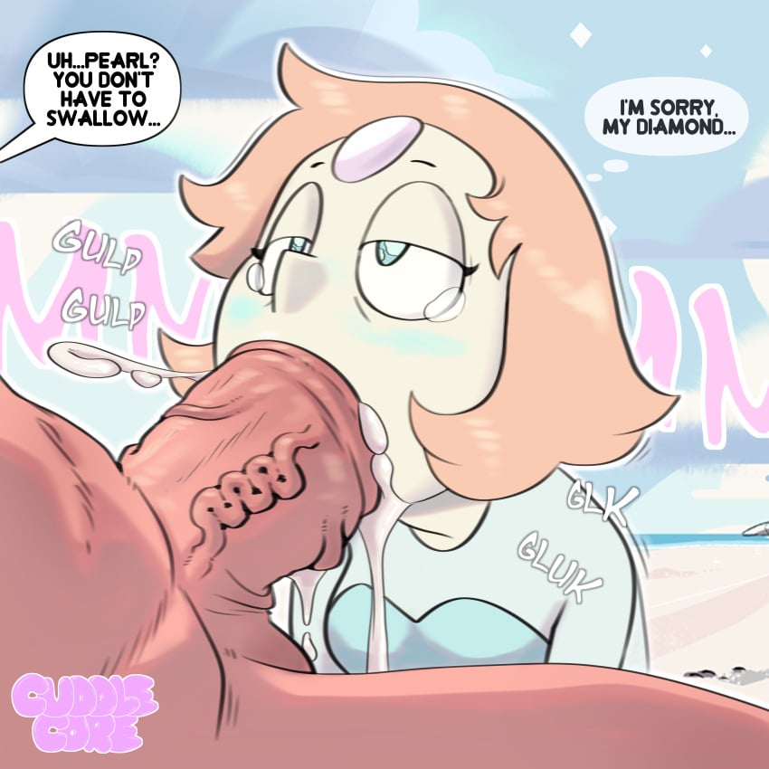 1boy 1girls artist_name balls big_penis blue_eyes cuddlecore cum cum_in_mouth female gem_(species) human orange_hair partial_male pearl_(steven_universe) steven_universe swallowing swallowing_cum tanned_skin tears veiny_penis